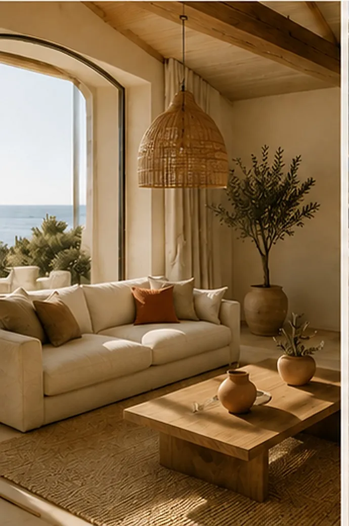 Salón mediterráneo con lámpara colgante de ratán, sofá de lino y luz natural desde un gran ventanal