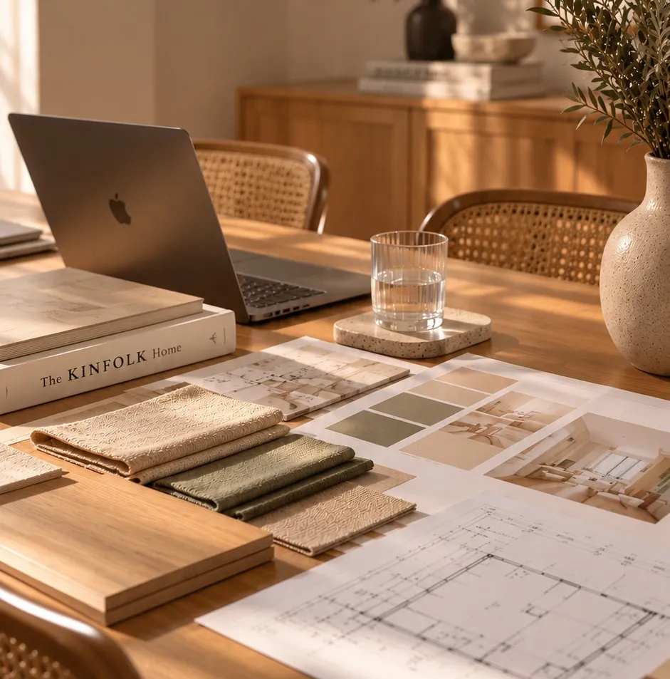 Mesa del estudio con planos, portátil, muestras de tejido y madera bajo la luz de tarde