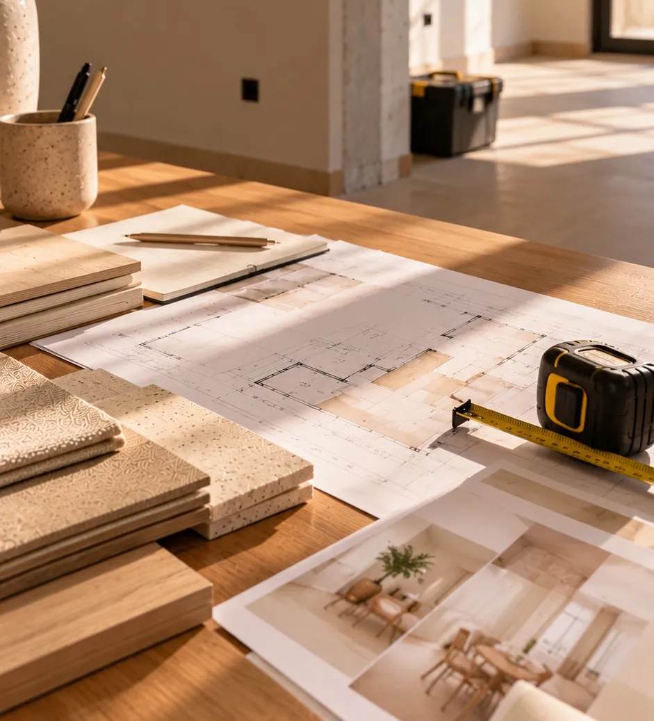 Planos de distribución, muestras de madera y un metro sobre la mesa de trabajo